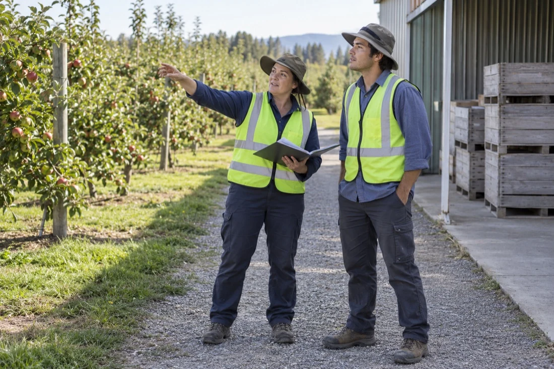 Illustrative orchard workers discussing an induction beside a packing shed