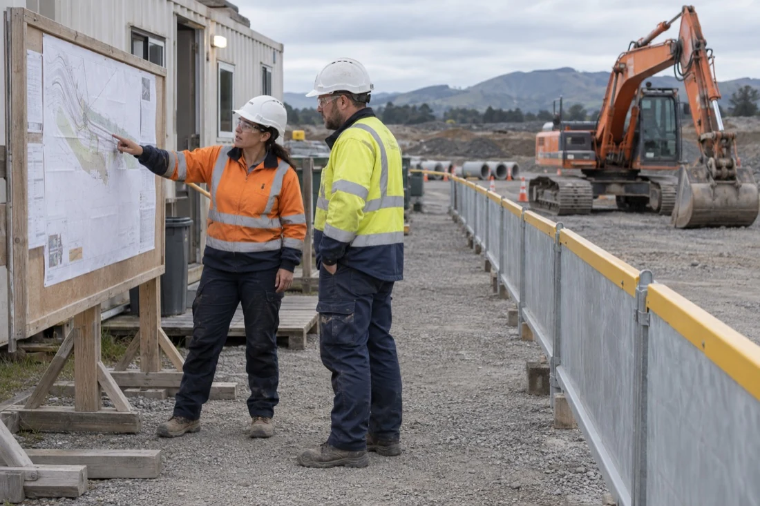 Illustrative civil construction workers reviewing a site plan in a pedestrian area separated from parked machinery