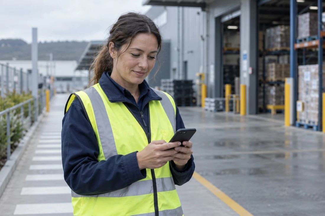 Illustrative workplace scene of a worker in high visibility clothing using a mobile phone
