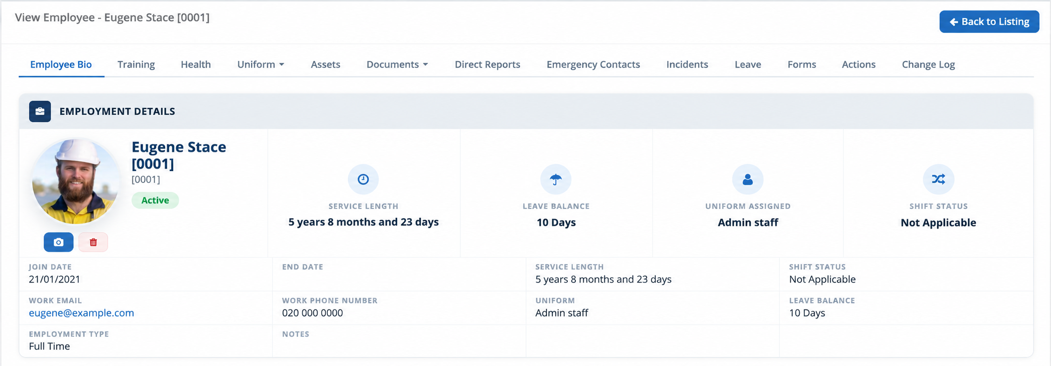 Engage employee profile showing employment details, leave balance and access to people records