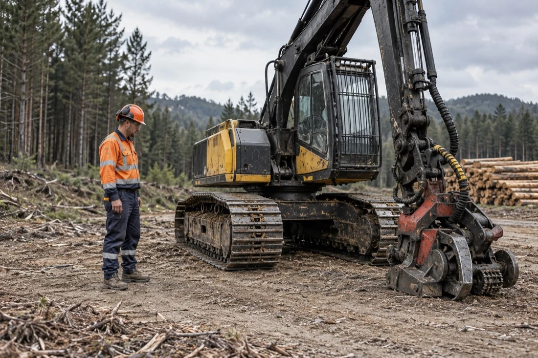 Illustrative forestry worker inspecting a parked forestry machine at a forest landing