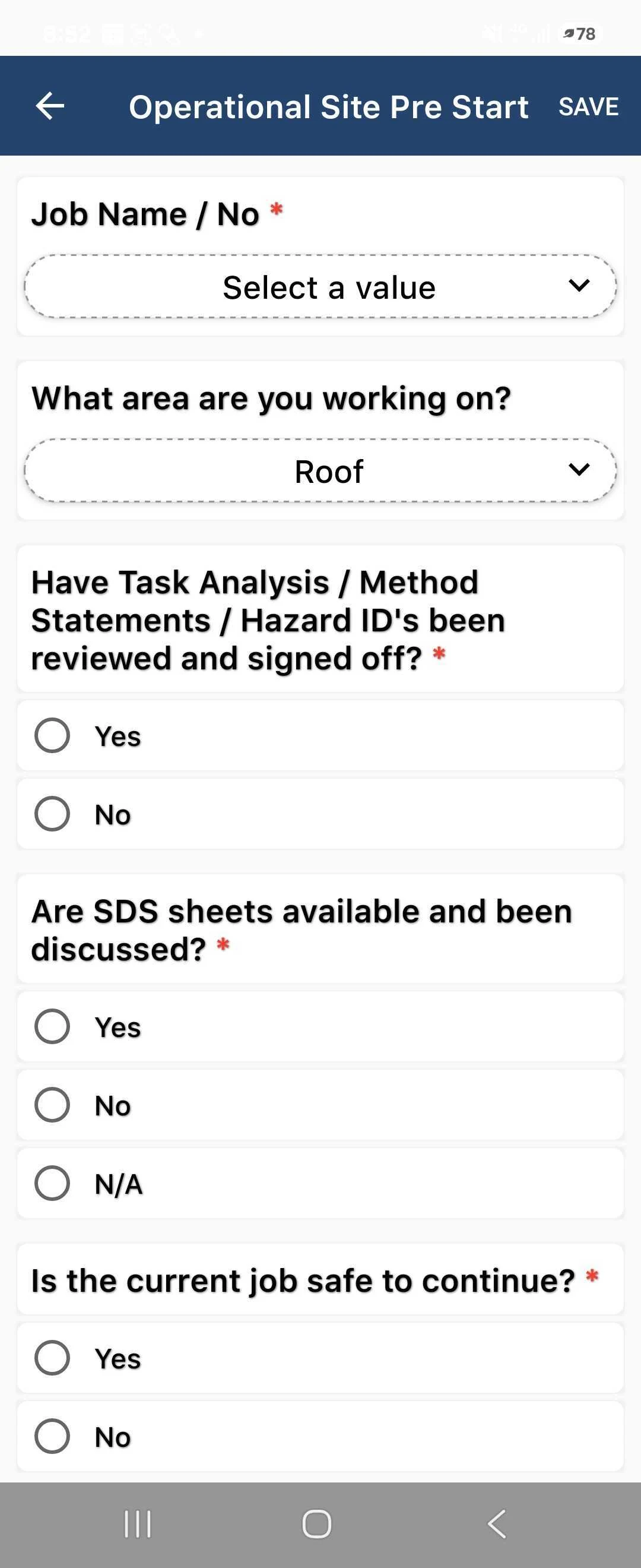 Engage mobile app showing an Operational Site Pre Start form with dropdowns and safety check questions