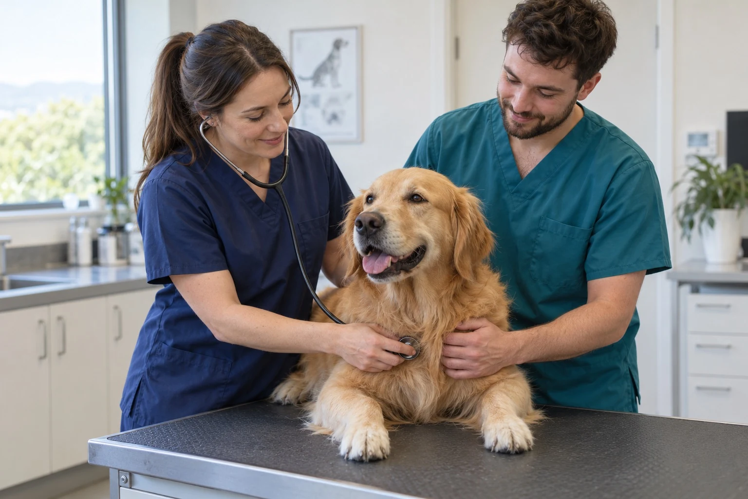 Illustrative veterinary team caring for a dog