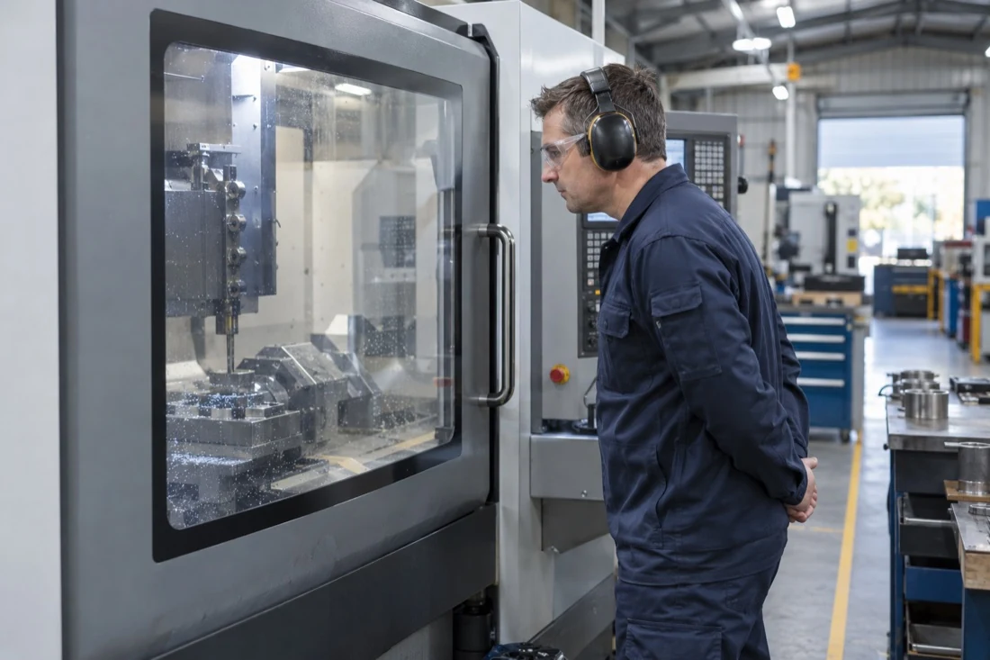Illustrative factory worker wearing eye and hearing protection inspecting machinery through a closed guard