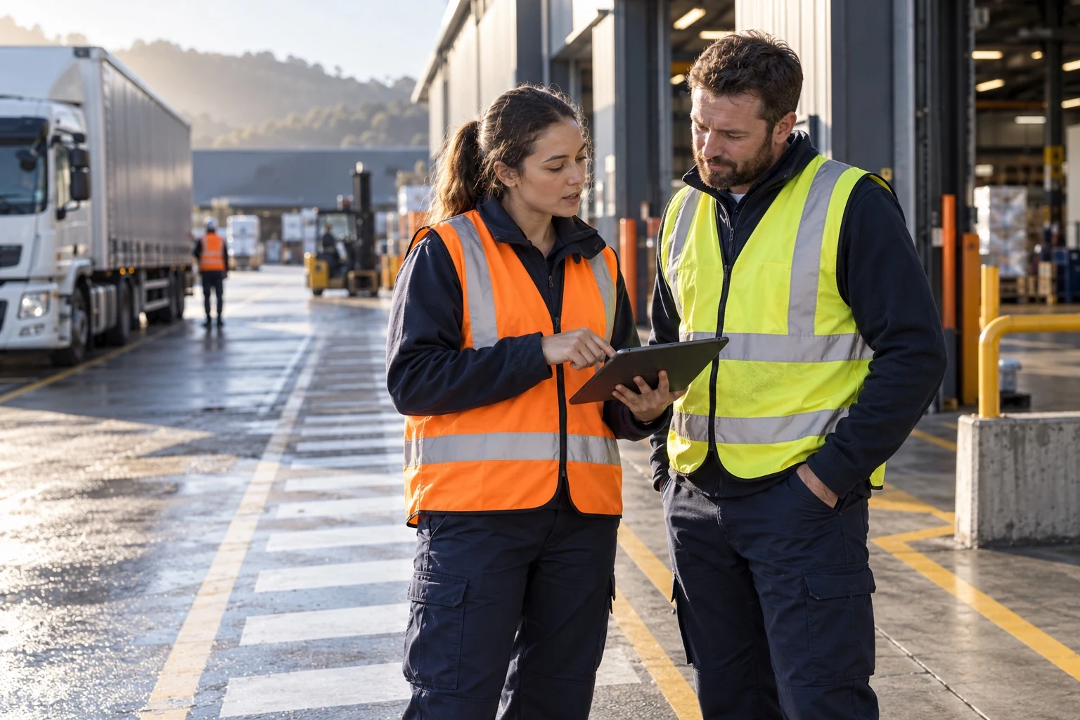 Illustrative depot scene with two workers checking a tablet